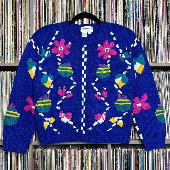 1980s Jennifer Reed Petite Hand Knitted Popcorn Sweater in Bright Florals Size M - Picture 2 of 6